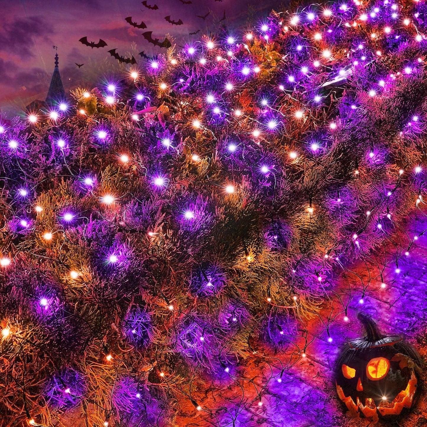 TW SHINE Halloween 200 LED Net Lights, 9.8 FT x 6.6 FT Connectable Waterproof Decorations Clear Wire with 8 Modes for Outdoor Garden Holiday Party (Purple & Orange)