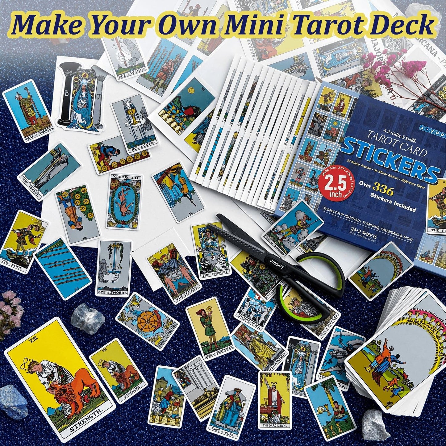 Joyppy 336 Pcs Tarot Stickers - 2.5" x 1.4" (6.3 cm x 3.6 cm) - 4 Sets RWS Full Deck Tarot Card Stickers for Tarot Journal & Planner - Tarot Cheat Sheets Included for Quick Learning & Spreads…