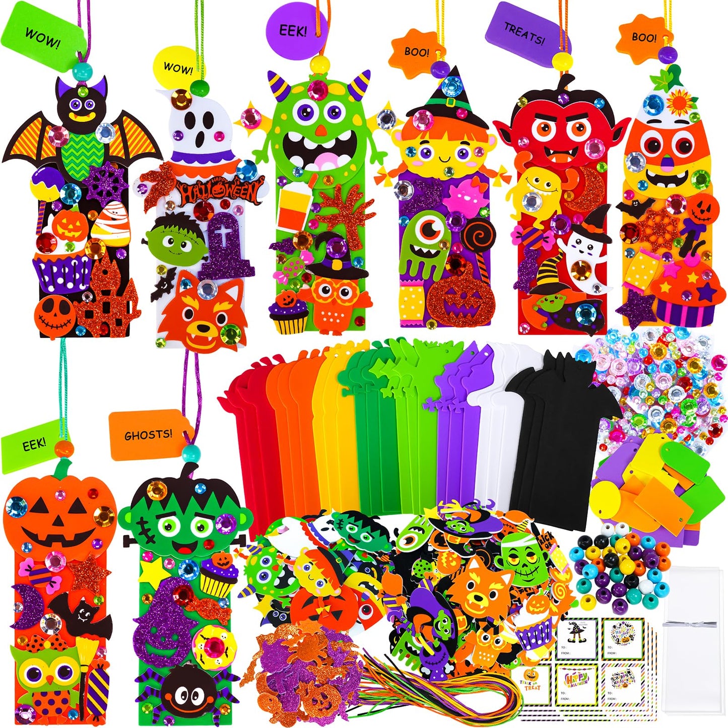 Winlyn 24 Sets Halloween Craft Kits Fall Crafts DIY Candy Corn Bat Ghost Witches Bookmark Ornaments Art Sets Foam Stickers Arts and Crafts for Kids Classroom Activities Trick-or-Treaters Party Favors