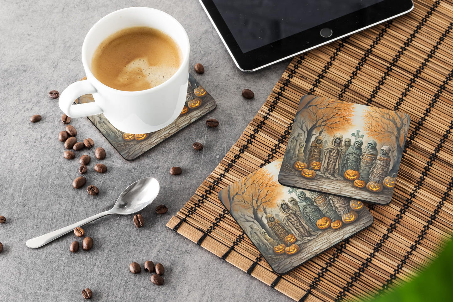 Caroline's Treasures Mummies Spooky Halloween Foam Coaster Set of 4 Cup Coasters for Indoor and Outdoor, Coaster for Tabletop Protection, Anti Slip, Mouse pad Material