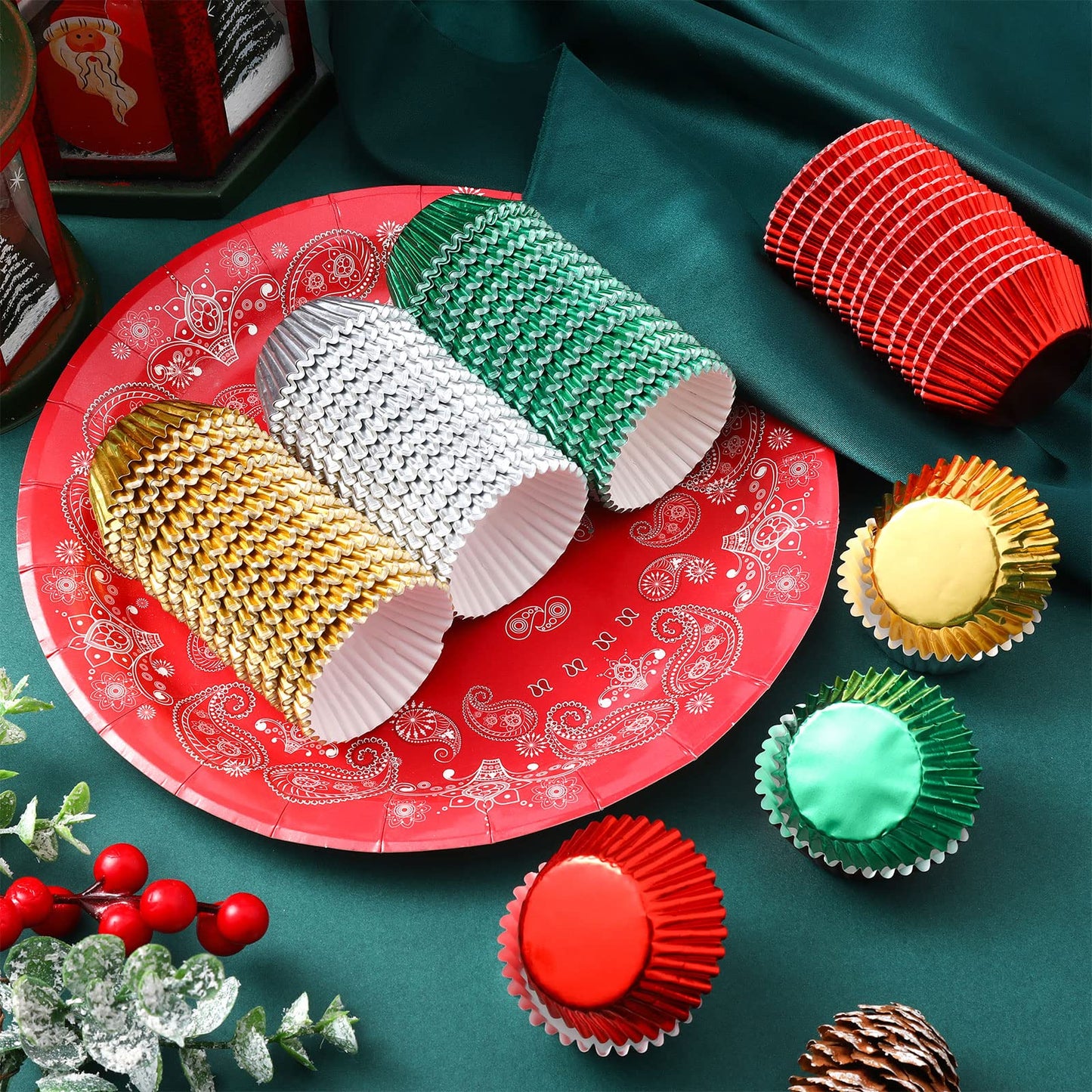 WILLBOND 1200 Count Christmas Foil Mini Cupcake Liner 1.25 Inch Baking Cups Muffin Liners Cupcake Wrappers Foil Metallic Case Liners for Christmas Weddings Birthdays Baby Showers Party, 4 Colors