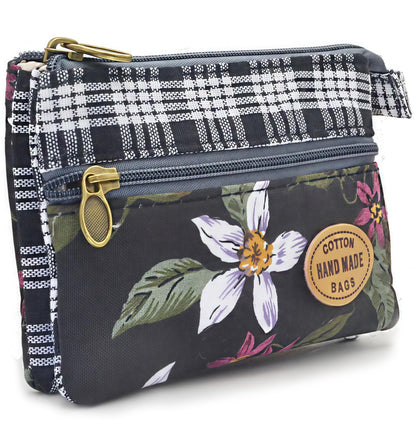 GUXL Women Small Zipper Coin Purse, Handmade Fabric Flower Embroidered Change Pouch, Cotton Double Zipper Wallet