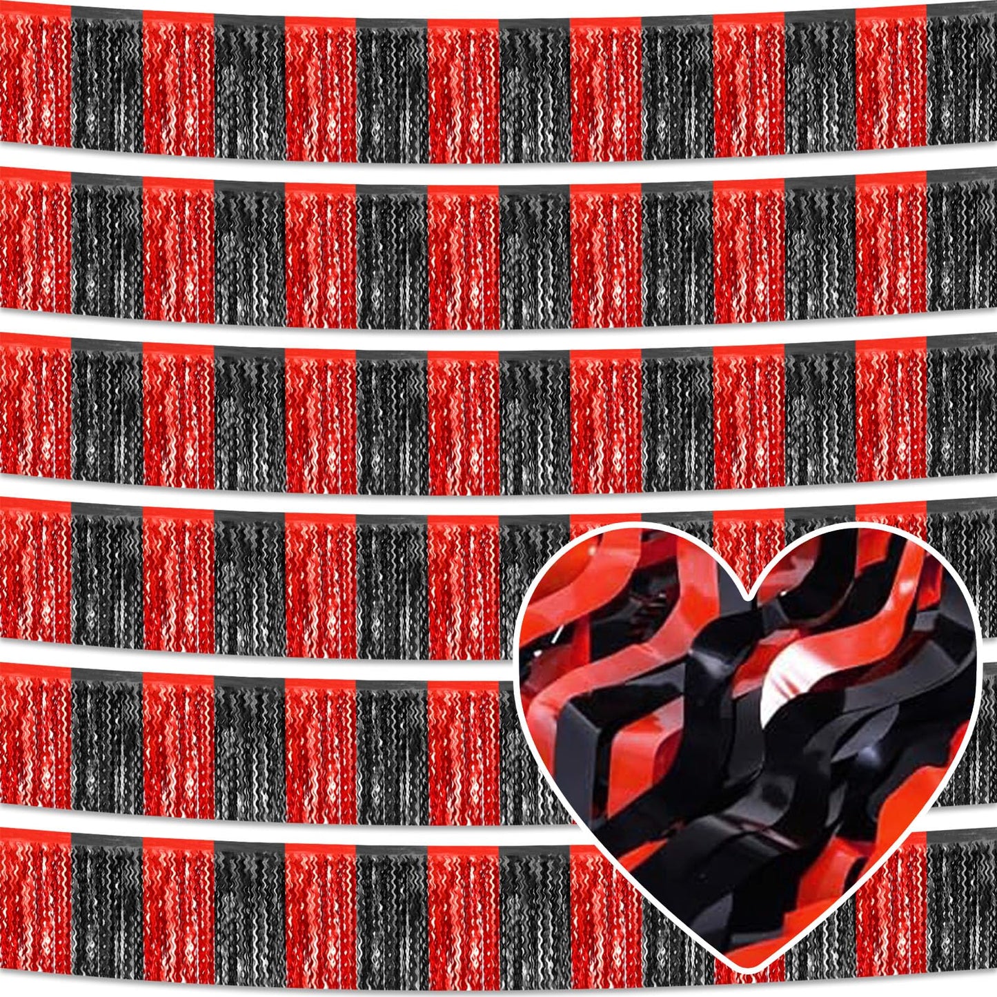 6 Pack 10 Feet Black Red Wave Foil Fringe Garland Metallic Tinsel Streamers Banner Wall Hanging Curtain Backdrop for Parade Floats, Mother's Day, Easter, Wedding, Birthday Party Decoration