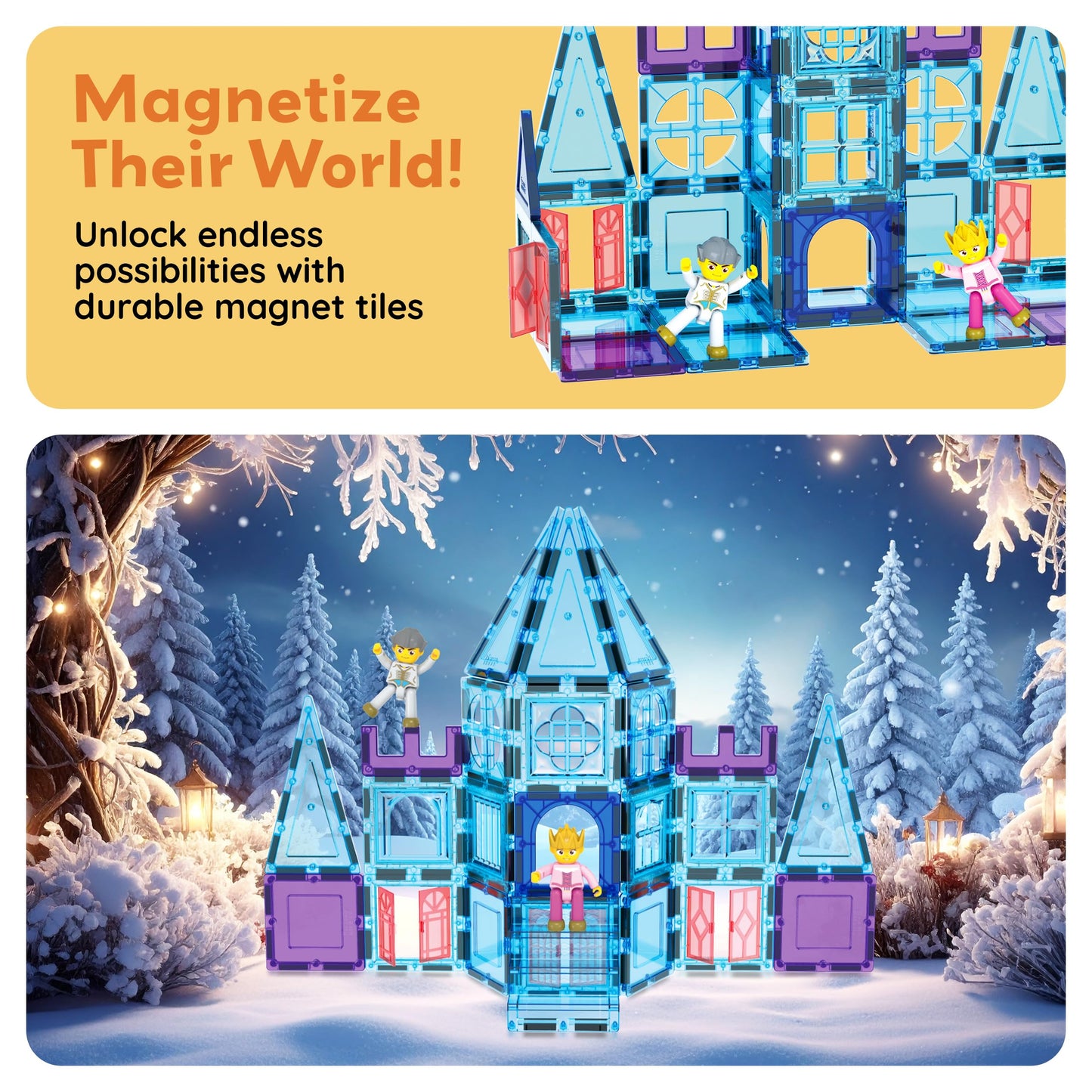 PicassoTiles 72 Piece Magnetic Building Tiles Castle Winter Ice Theme Construction Magnet Block Set with Princess Prince Character Stairs Windows Doors STEM Learning Educational Toy Kids Ages 3+ PT72