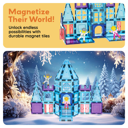 PicassoTiles 72 Piece Magnetic Building Tiles Castle Winter Ice Theme Construction Magnet Block Set with Princess Prince Character Stairs Windows Doors STEM Learning Educational Toy Kids Ages 3+ PT72