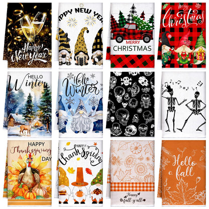 Bencailor 12 Pcs Holiday Kitchen Towels for All Seasons Winter New Year Kitchen Decor Seasonal Dish Towels for All Holidays Winter Elk Gnome Xmas Tree Maple Leaf Turkey Pattern