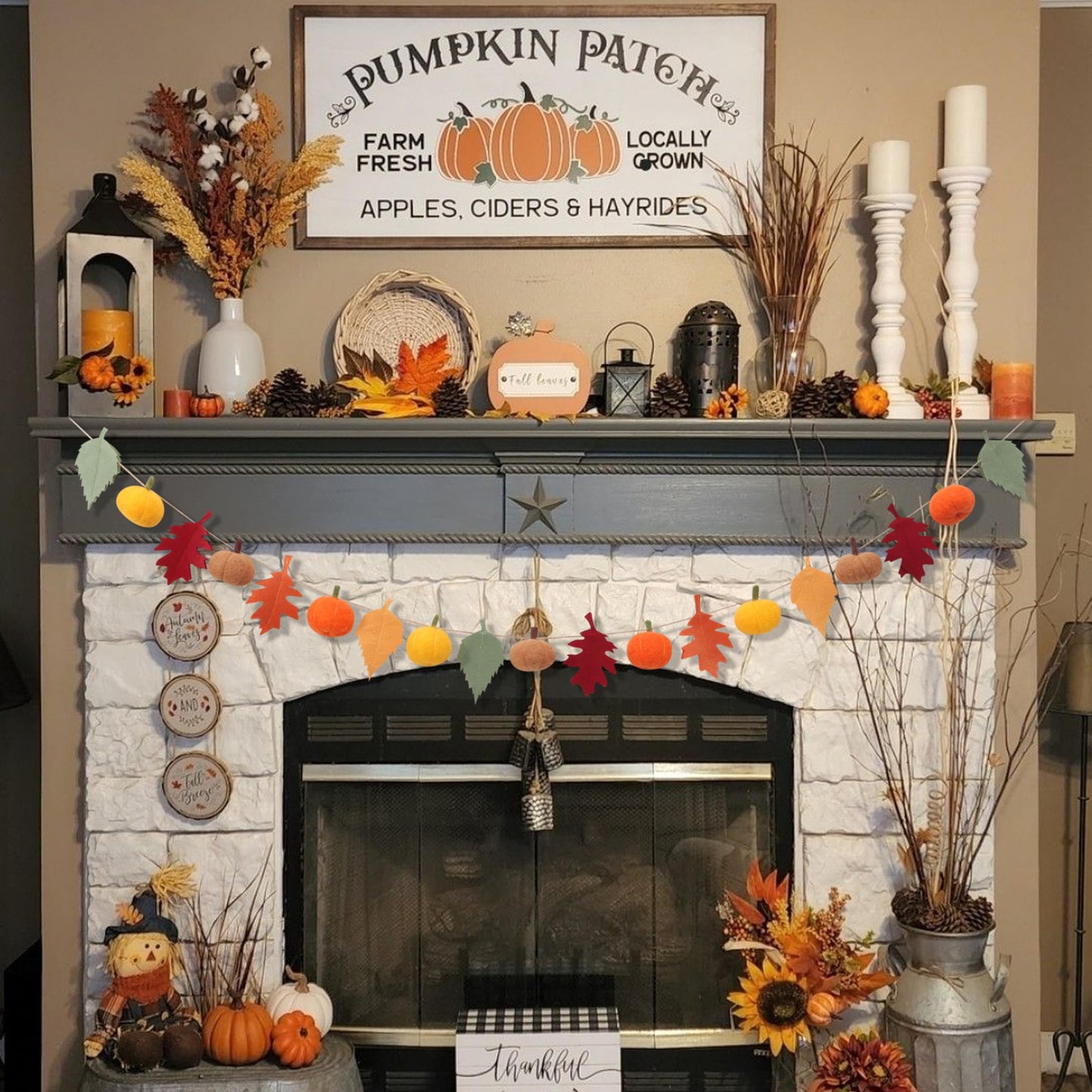 Fall Banner for Home -Fall Harvest Garland- Felt Pumpkin and Maple Leaf Banner, Autumn Thanksgiving Party Decorations