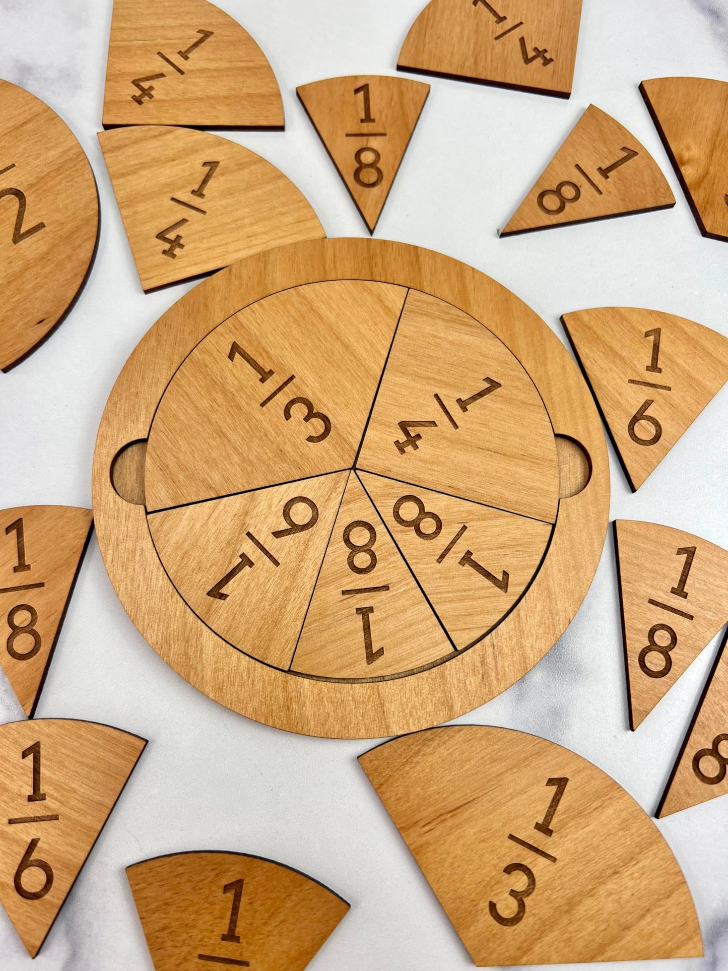Fraction Tiles - Laser Engraved Alder Wood - Includes 5 inch Tile Holder and Fraction Tiles (78 Tiles)