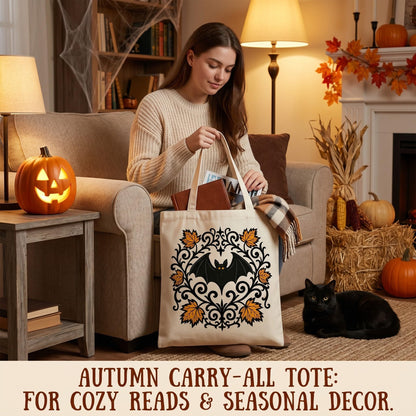 2 Pack Vintage Fall Halloween Canvas Tote Bags,Retro Gothic Ghost Witch Pumpkin Bat&Autumn Maple Leaf,Reusable Carryall Bags for Trick-or-Treat,Fall Harvest&Thanksgiving Gifting (Bat&Pumpkin)