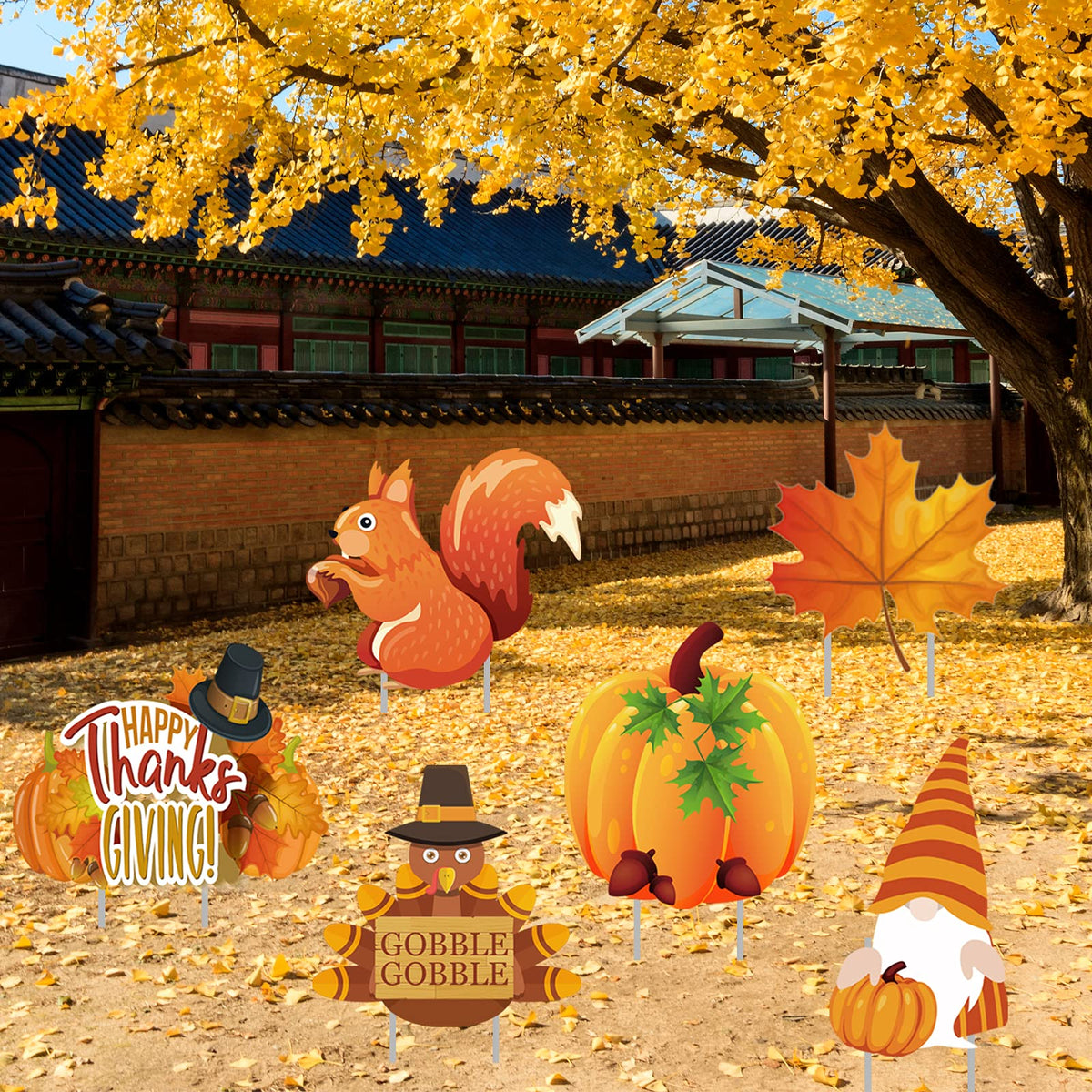 Thanksgiving Yard Signs Stakes - 6PCS Fall Outdoor Decorations - Maple, Squirrel, Turkey, Gnome, Pumpkin Corrugated Lawn Signs for Outside