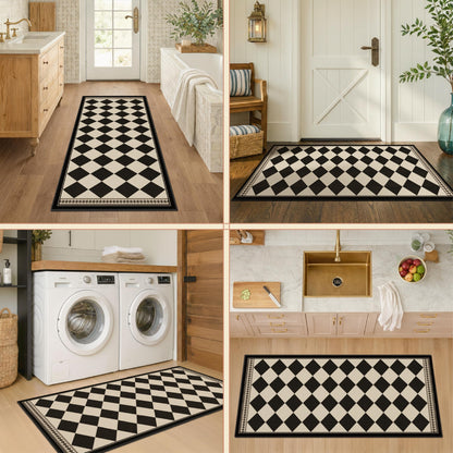 Black and White Checkered 2x5 Easy Jute Laundry Room Rug Runner, Laundry Floor Mat, Washable Non Slip Diamond Boho Carpet for Entryway, Bathroom, Kitchen, Checkerboard Modern Farmhouse Mat