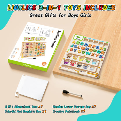 LIOKLICK 3 IN 1 Double Sided Montessori Toys- Magnetic Color and Number Maze, Toddler Wooden Alphabet Puzzles, Dry Erase Board, Preschool Learning Activities Toys for 3 4 5 6 Years Old Kids Girls Boys