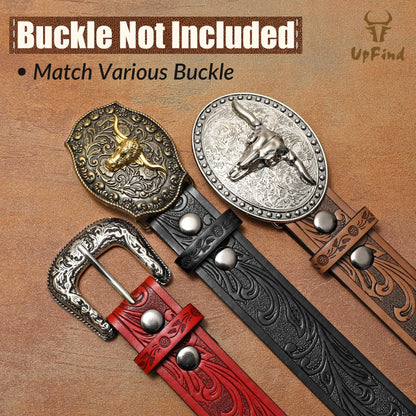 UpFind Men Women Western Belt Strap for Jeans Dress Cowboy Cowgirl Floral Embossed Leather Belt Strap without Buckle 1.5" Wide,Brown