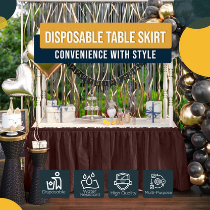Exquisite Brown Table Skirt 6 Pack - Disposable Plastic Table Skirts for Rectangle Tables 6ft 8ft & Round Tables - 29in x 14ft Self-Adhesive Strip - Birthday Wedding Gender Reveal Decor