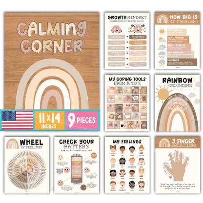 Hadley Designs 9 Calming Corner Posters for Classroom Must Haves - Calm Down Corner Supplies with Emotions Chart, School Counselor Mental Health Poster, Feelings Chart For Kids, Boho Classroom Decor