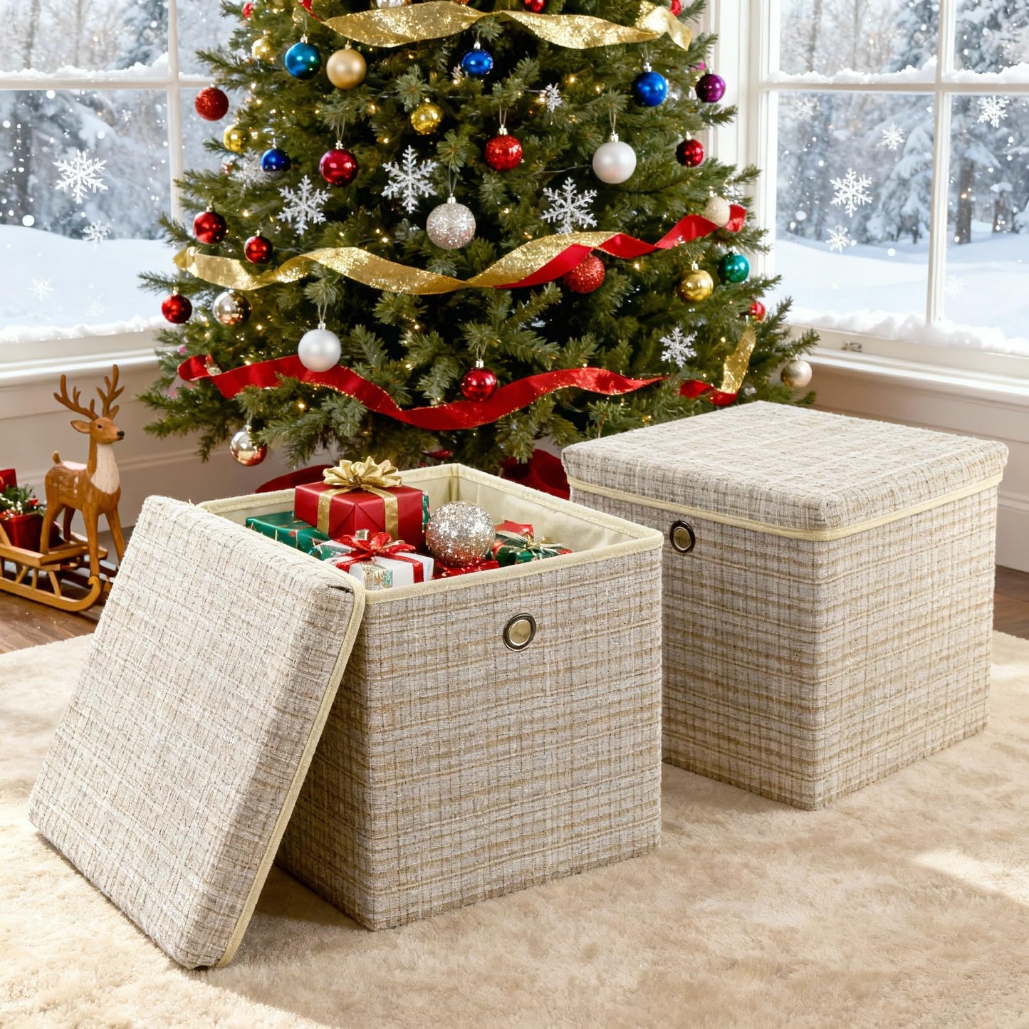 modscape 2-Pack 12"x12" Fabric Storage Bins with Lids, Collapsible Storage Bins for Clothes Toys, Sturdy Storage Cube for Bedroom Closet Shelves Home Organization (Shining Beige, 2)