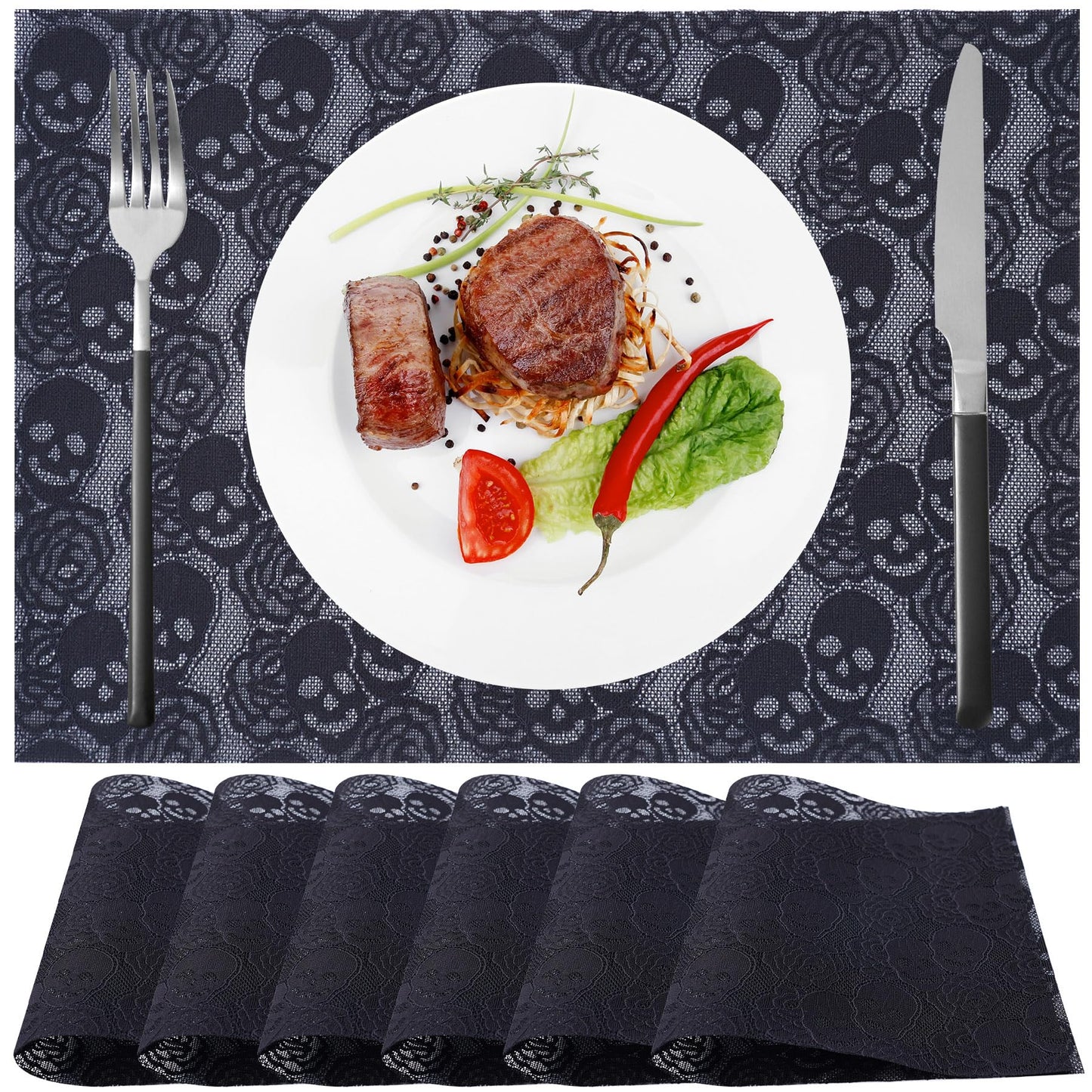 6pcs Placemats- Black lace Placemats 12 * 17 inches fo Halloween Decor, Skull Rose Design Dinning Table mats for Cocktail Party, Halloween, Wedding, Tea Party and Home Decor Projects. (6 pcs)