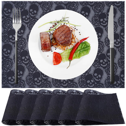 6pcs Placemats- Black lace Placemats 12 * 17 inches fo Halloween Decor, Skull Rose Design Dinning Table mats for Cocktail Party, Halloween, Wedding, Tea Party and Home Decor Projects. (6 pcs)