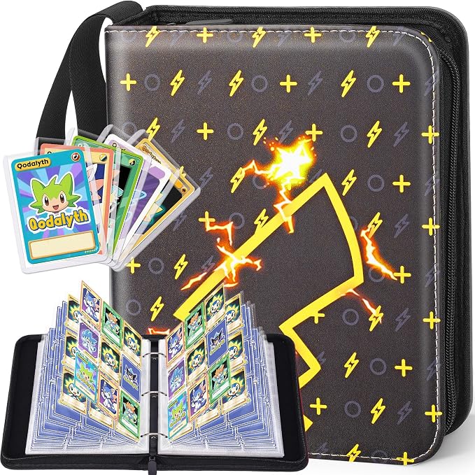 Card Binder – 9 Pocket Zipper Collection Album, Premium PU Holder, Double-Sided Display for 900 Cards, Includes 5 Hard Plastic Sleeves for Game Cards, Sports Cards（Lightning）