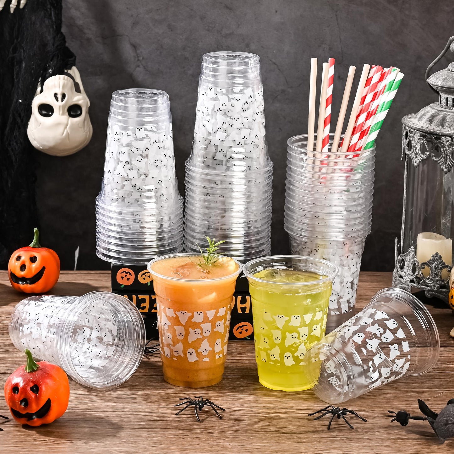 AimFun 50Pcs Summer Halloween Ghosts 12oz Clear Plastic Cups