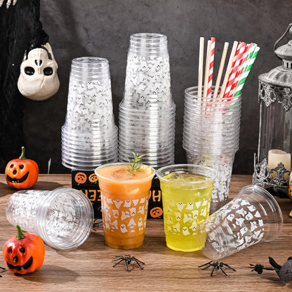 AimFun 50Pcs Summer Halloween Ghosts 12oz Clear Plastic Cups