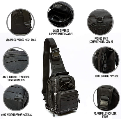 WOLF TACTICAL EDC Sling Bag - Concealed Carry Sling Pack with Laser-Cut MOLLE, Lightweight Tactical Crossbody for Range, Hiking, Travel & Daily Preparedness (Black)