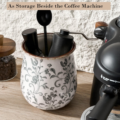 Utensil Holder for Kitchen Counter, Modern Farmhouse Cooking Utensil Holder and Crock Home Kitchen Decor, Ceramic Utensil Organizer for Spatula, Ladle, Eggbeater, Rolling Pin- Gray Flower Patterns