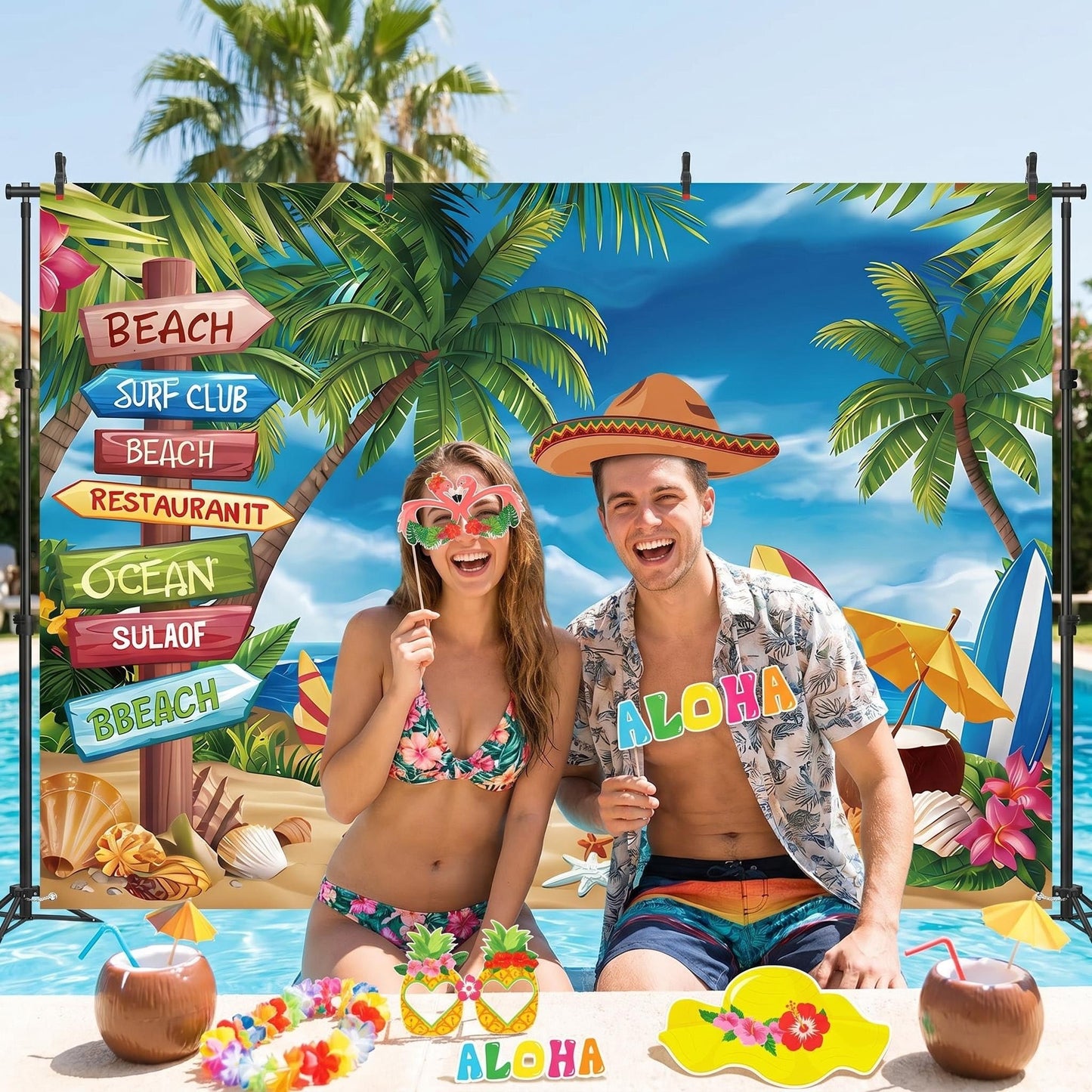 Photo Booth Backdrop and 30Pcs Props, 5x3 ft Aloha Themed Backdrop for Luau Party Decorations, Non-Reflective Surfboard & Tropical Leaf Backdrop for Pool Party, Beach Birthday Backdrop