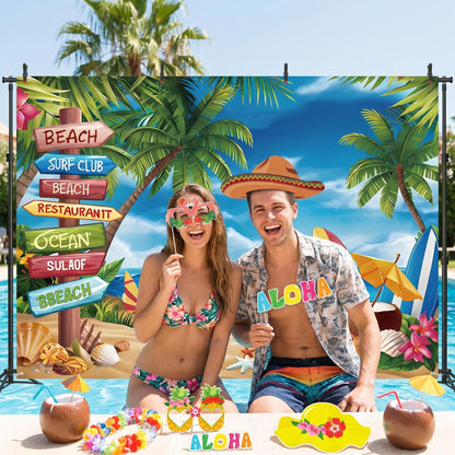 Photo Booth Backdrop and 30Pcs Props, 5x3 ft Aloha Themed Backdrop for Luau Party Decorations, Non-Reflective Surfboard & Tropical Leaf Backdrop for Pool Party, Beach Birthday Backdrop