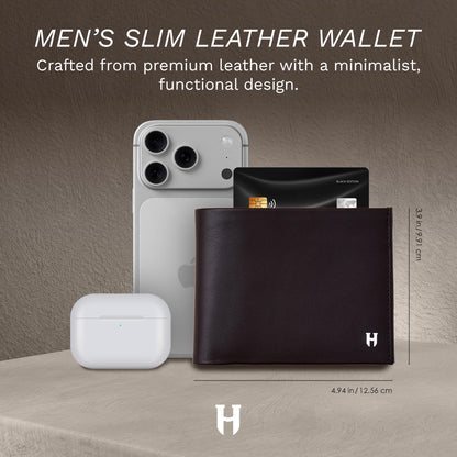 HELMBROOK London Wallet for Men, Slim Minimalist RFID Full Grain Leather, Handcrafted Bifold, 6 Card Slots, Gift Box Pouch, Christmas Birthday, Tan
