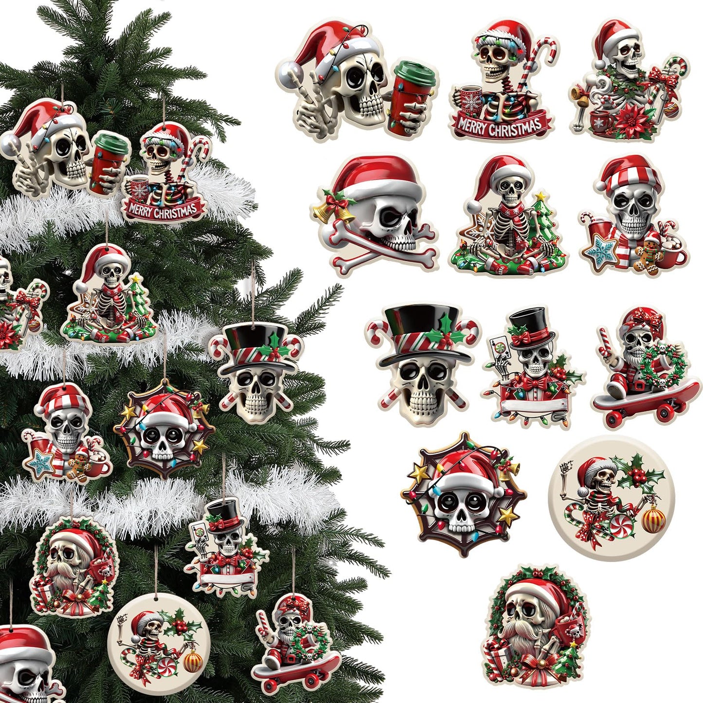 Syhood 36 Pcs Christmas Skull Ornaments Wooden Hanging Skeleton Christmas Tree Ornaments Goth Spooky Holiday Decoration Grateful Xmas Gifts, 12 Styles