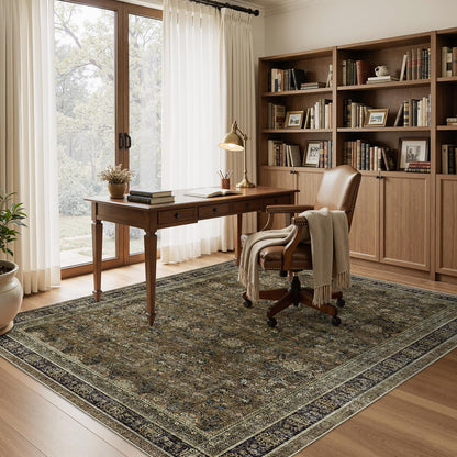 WITSHOCK 5x7 Area Rugs for Living Room: Vintage Modern Boho Moody Retro Antique Farmhouse Dark Carpet, Non-Slip Low Pile Stain Resistant Rug for Bedroom Dining Under Table, Brown Olive Green