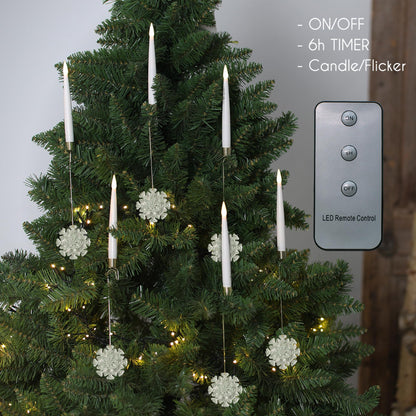 LUSHARBOR Christmas Tree Candles, 10 Pack Flameless Taper Candles for Christmas Tree, LED Battery Operated Fake Candle with Remote for Xmas Wedding Decor with Crystal Snowflake Hook