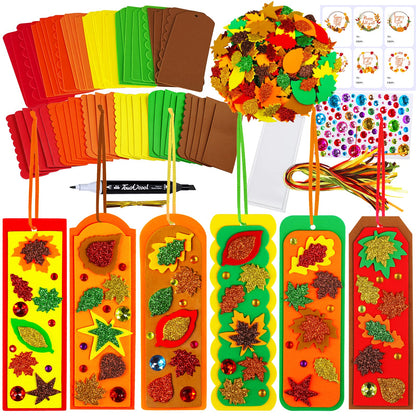 Winlyn 36 Sets Fall Craft Kits Autumn Crafts DIY Leaf Bookmarks Decorations Art Sets Maple Leaf Glitter Foam Stickers Arts and Crafts for Kids Thanksgiving Halloween Classroom Activities