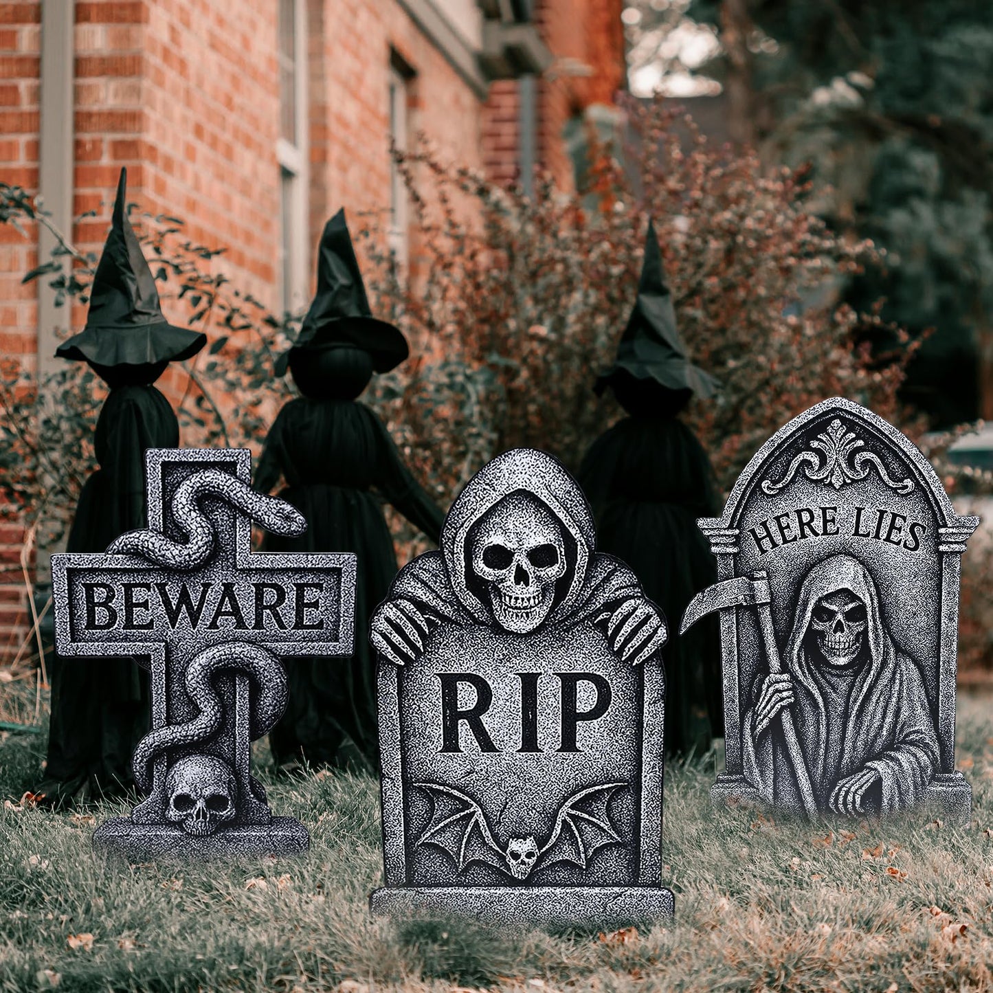 6 Pack Halloween Yard Signs Tombstone Set – 15 x 10 Inch Large Plastic Graveyard Decorations with Stakes, RIP Skull and Skeleton Tombstones for Lawn, Outdoor Haunted House and Party Decor