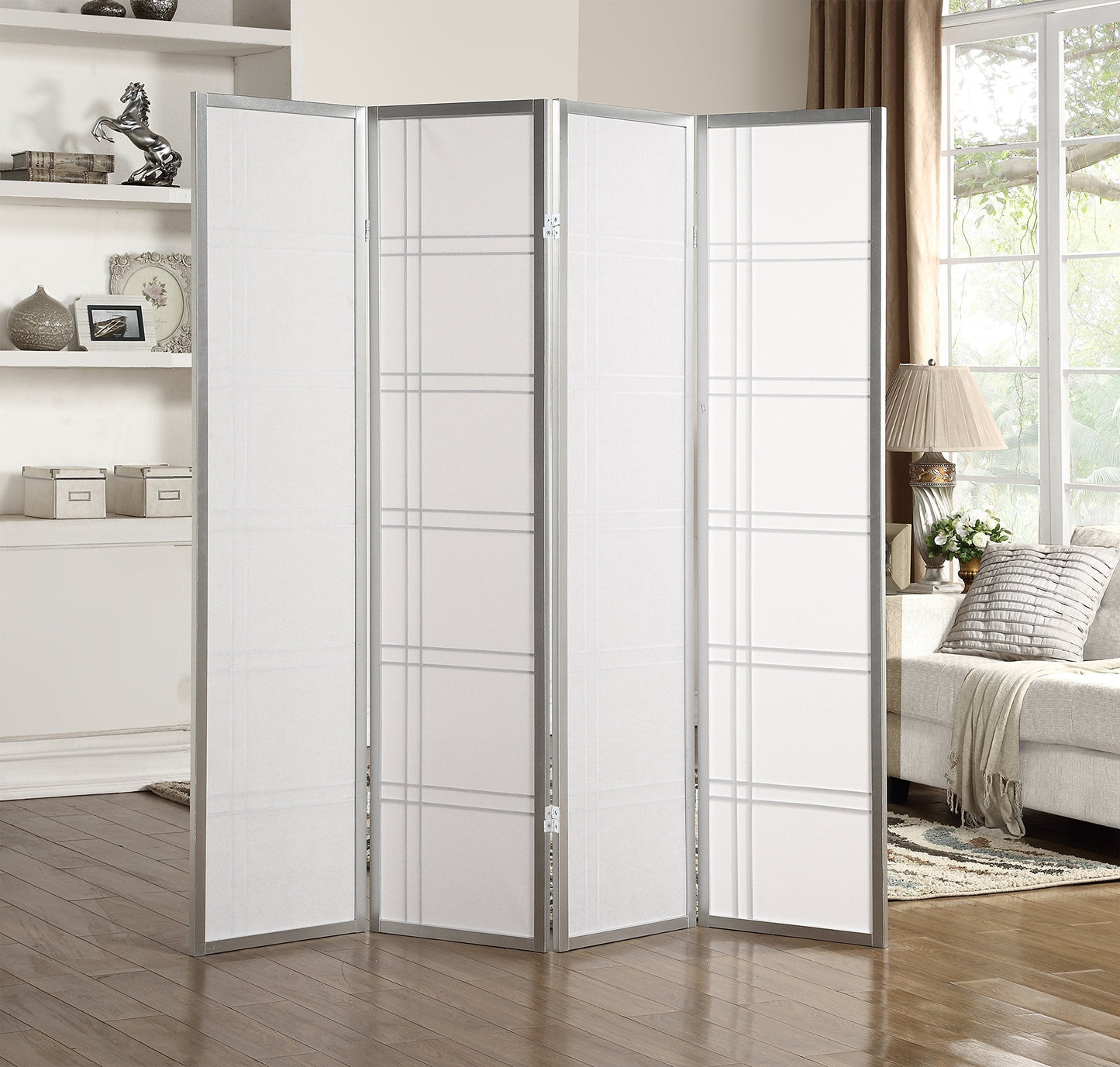 Roundhill Furniture Seto 4-Panel Room Divider Screen, Silver