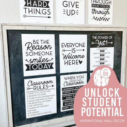 Hadley Designs Motivational Poster for Classroom Decor - 9 Growth Mindset Classroom Posters Elementary, Inspirational Wall Decor Middle School, Teacher Must Haves, Black Bulletin Board Decorations
