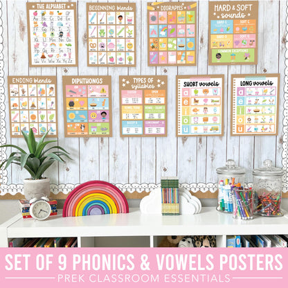 Hadley Designs Phonics Posters for Classroom Must Haves - 9 Sound Wall for Kindergarten & Elementary Teacher Supplies, Syllable, Vowels, Digraphs & Blends Bulletin Board Set, Kraft Classrom Decor