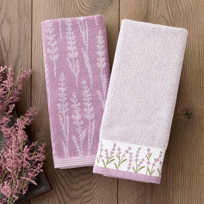SKL Home Lavender Border 100% Cotton Jacquard 2pc Hand Towel Set, Embroidered &
