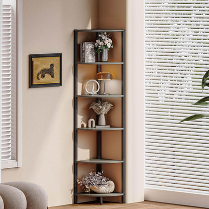IRCPEN 6 Tier Corner Shelf 63.1" Tall Corner Shelves Stand Ladder Shelf Grey Woodgrain Industrial Standing Bookshelf Organizer Display Rack Bookcase Plant Stand for Living Room Bedroom CS-001GW