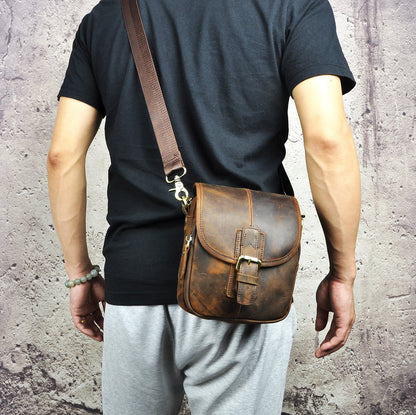 Le'aokuu Men Leather Fashion Mini Messenger Crossbody Bag Designer Hook Organizer Waist Hip Bum Belt Bag Pack (0 1168 brown)