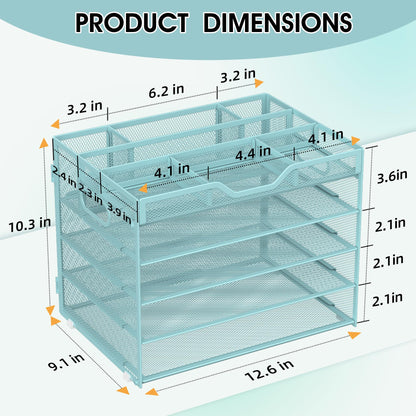 OrgMate 5 Tier Paper Letter Tray with 3 Drop-in Pen Holders, Mesh Desk File Organizer with Handle, Desk Organizers and Accessories for School,Home, Office Supplies Storage-Blue