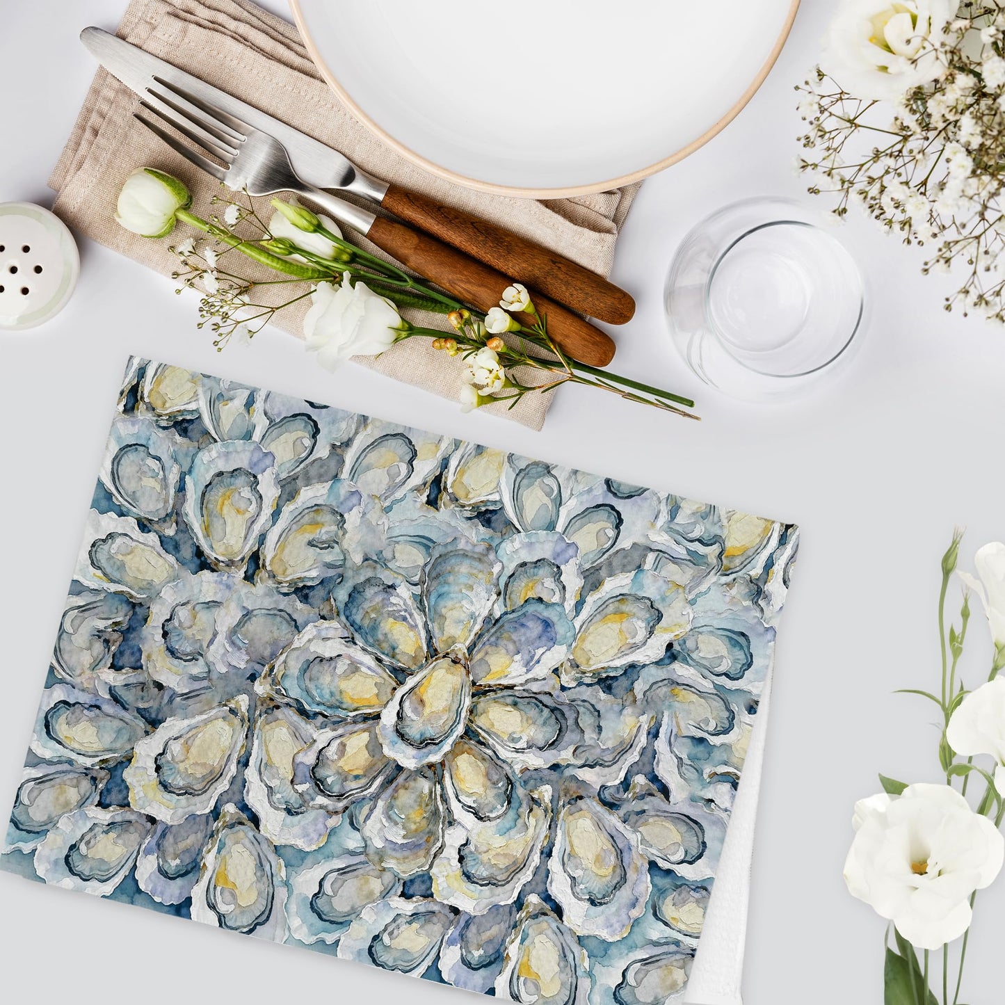 Gnmduw Coastal Beach Oyster Kitchen Towels, Ocean Beachy Oysters Hand Towels Set of 2, Coastal Bathroom Decor, Farmhouse Nautical Oyster Hand Dish Tea Towel for Kitchen Bathroom Decor, 16x24 Inch