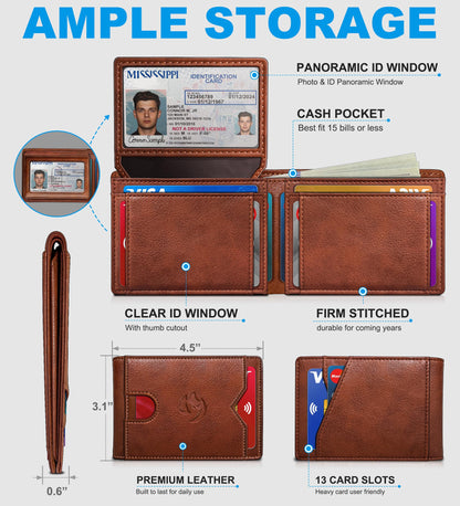 Housmai Mens Wallet: 2 ID Windows & 13 Card Slots Slim Leather Bifold, RFID Blocking Front Pocket Wallet for Men, Gift Box