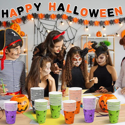 TREWAVE 48Pcs Halloween Paper Cups - 9oz Disposable Party Cups for Hot/Cold Drinks, Snacks - Spider Web Pattern Design in Orange, Purple, Black, Green - Festival Party Supplies