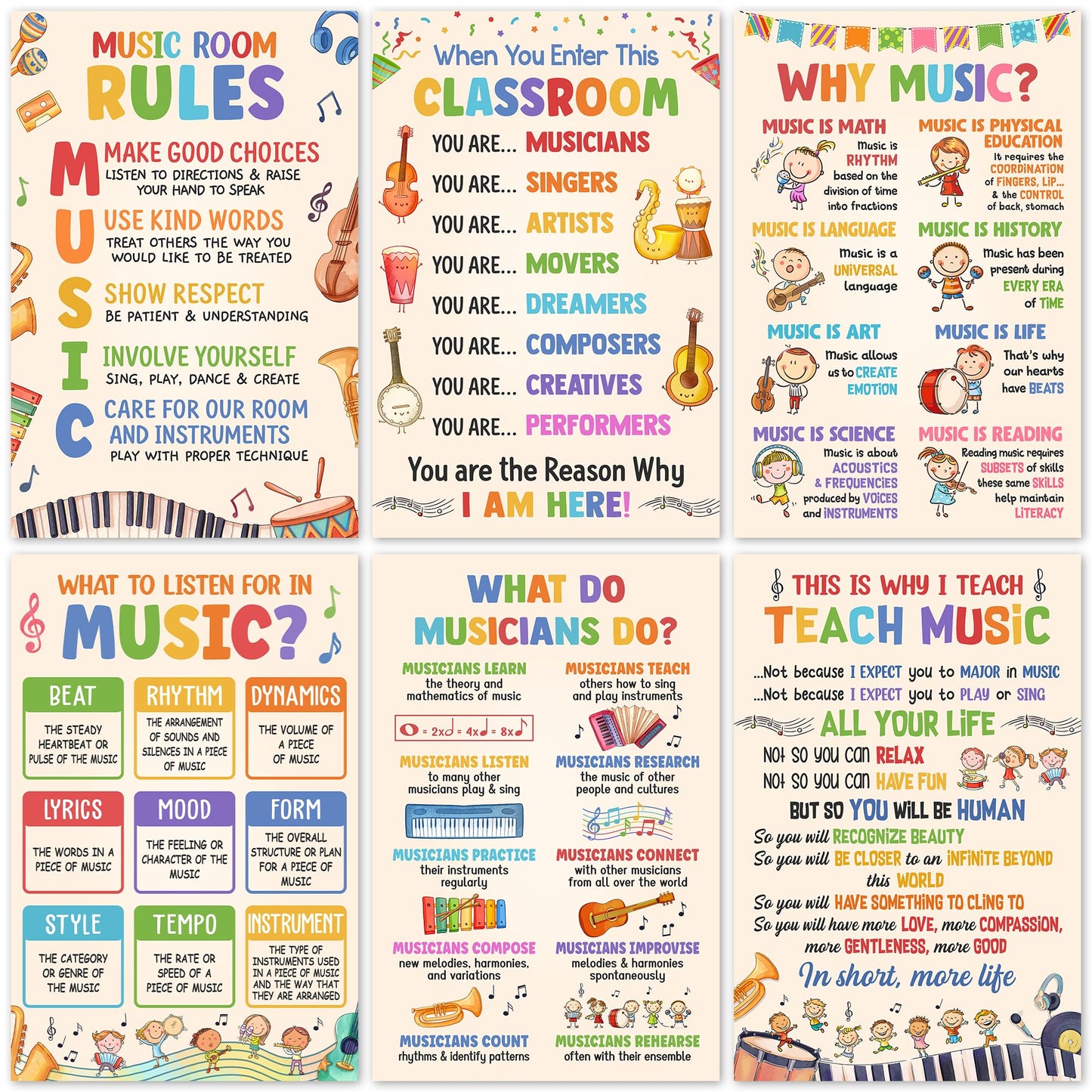 Lalunia 6 Pcs Music Classroom Posters (11"x16") - Why Music Classroom Rules Posters for Bulletin Board Decorations, Teacher Supplies, Musical Education Decor for Elementary Middle School