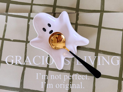Ceramic Spoon Rest for Stove Top, Halloween Ghost Cute Spoon Rest for Kitchen Counter, Cooking Spoon Holder for Kitchen Counter, Utensil Rest Spatula Rest Ladle Holder Tong Rest (White)