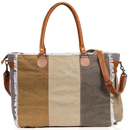CLA Bags SEL de MER Large Upcycled Canvas & Cowhide Leather Crossbody Tote Handbag for Women (Cream & Grey Color)