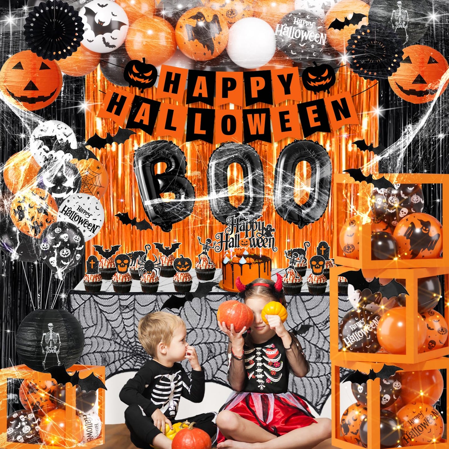 Halloween Party Decorations, Halloween Decorations Kit includes Ghost Balloons Boxes Spider Web Tablecloth Black Orange Foil Curtains, Boo Party Supplies for Home Birthday Decoration