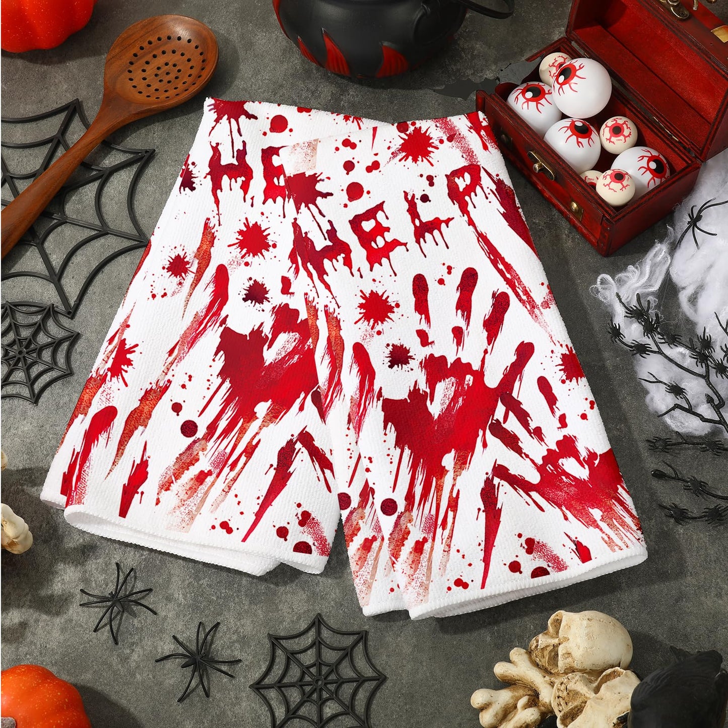 JarThenaAMCS Halloween Kitchen Dish Towel Bloody Handprint Dishcloth 18 x 28 Inch Hand Drying Tea Towel for Cooking Baking Cleaning, 2Pcs